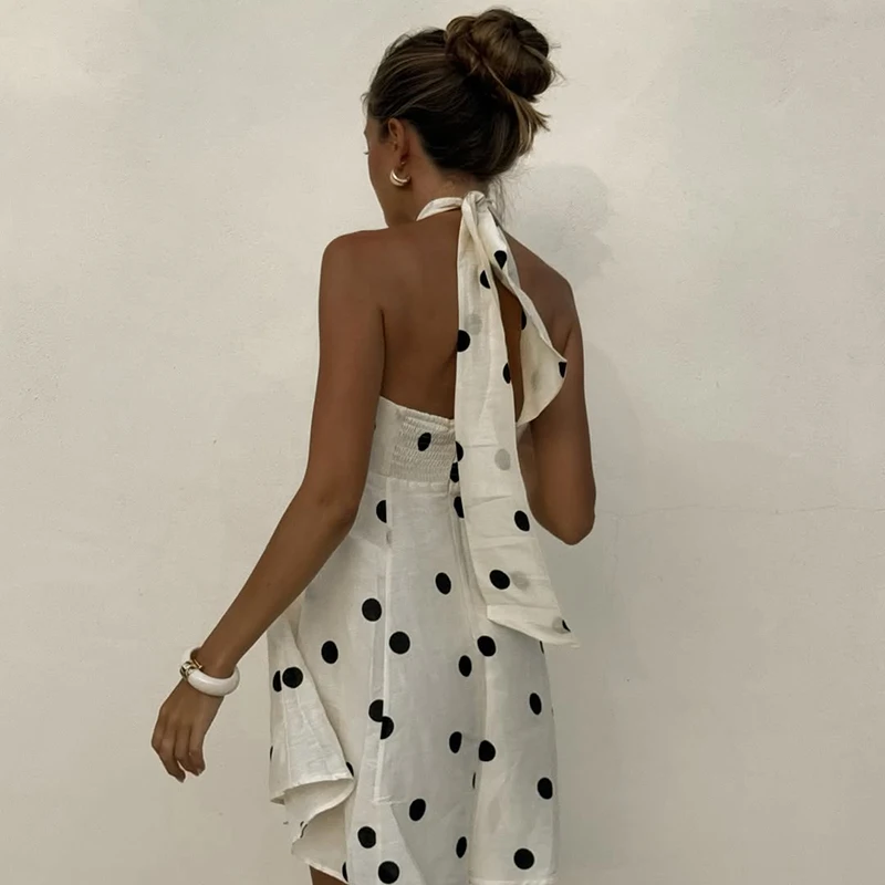 Polka dot halter mini vestido feminino dupla camada rendas até sem costas boho vestidos femininos vestido impresso para praia férias vestidos