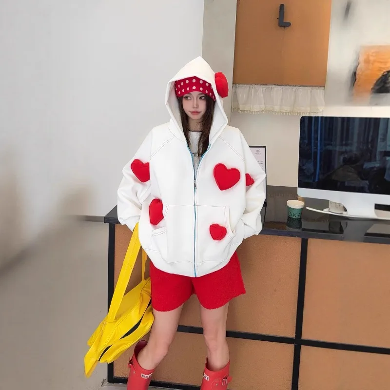 3D Heart Loose Hoodie For Women's Autumn 2025 New Hot-Selling Zipper Cardigan 2025 Autumn Long-sleeves Top Sudaderas De Mujer