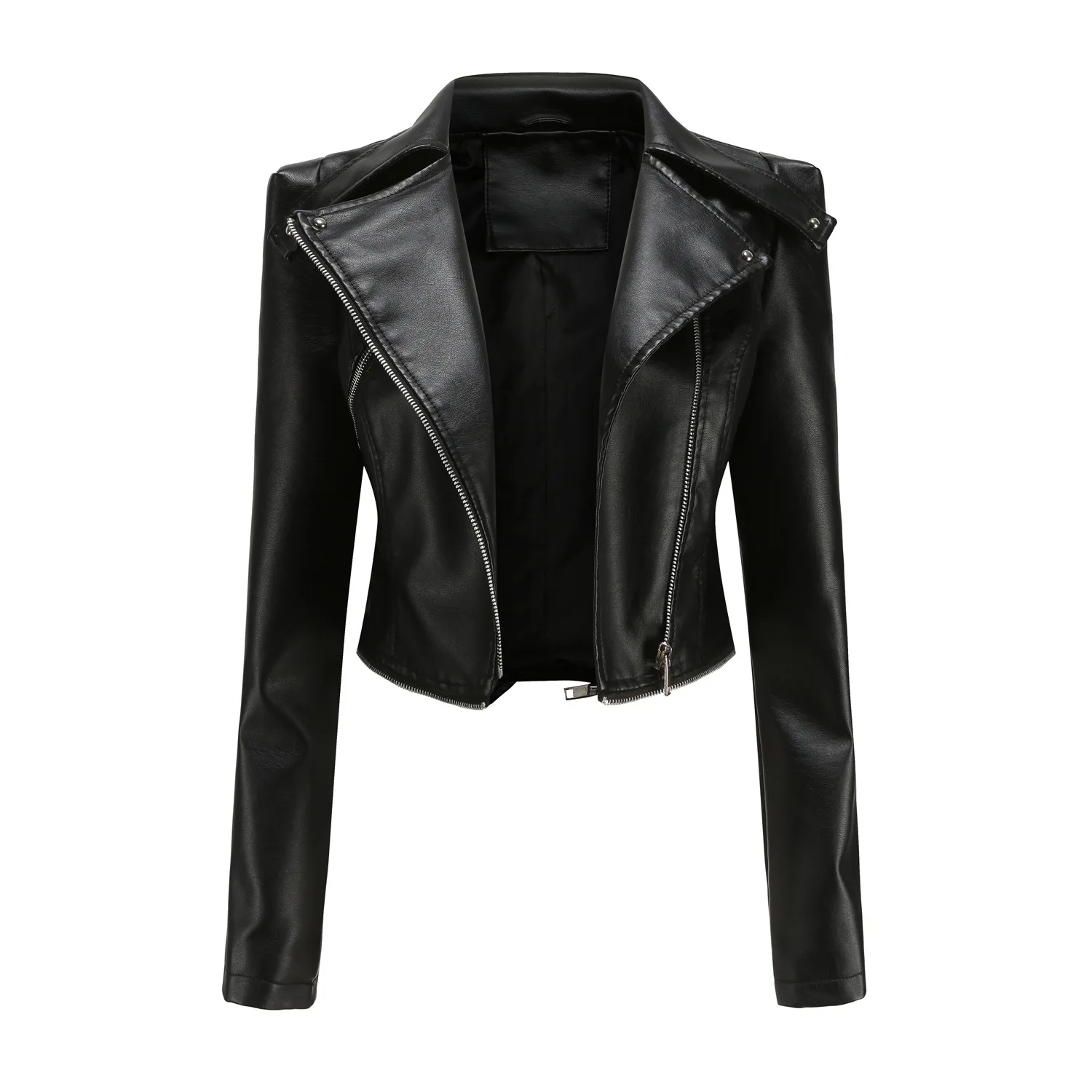 Women's Faux Leather Jacket Detachable Hem Full Sleeve Turn Down Collar Asymmetric Zip PU Leather Slim Moto Biker Style Coat