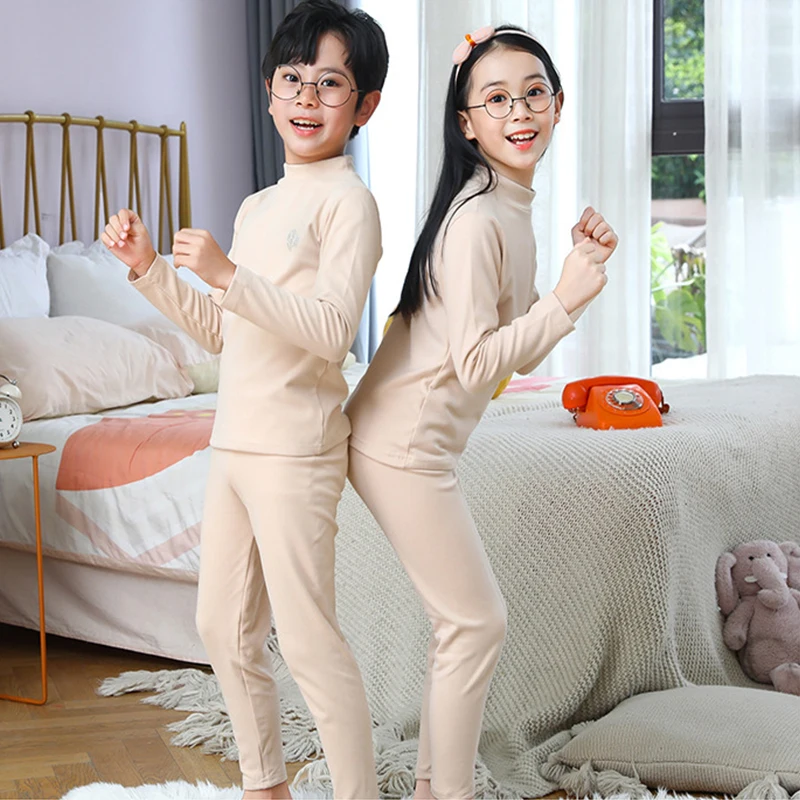 3-14 Years Boys Girls Thermal Underwear Tops+Pants 2-Piece Set Sleepwear Kids Soft Cotton Pajama Suit Autumn Winter Home Clothes