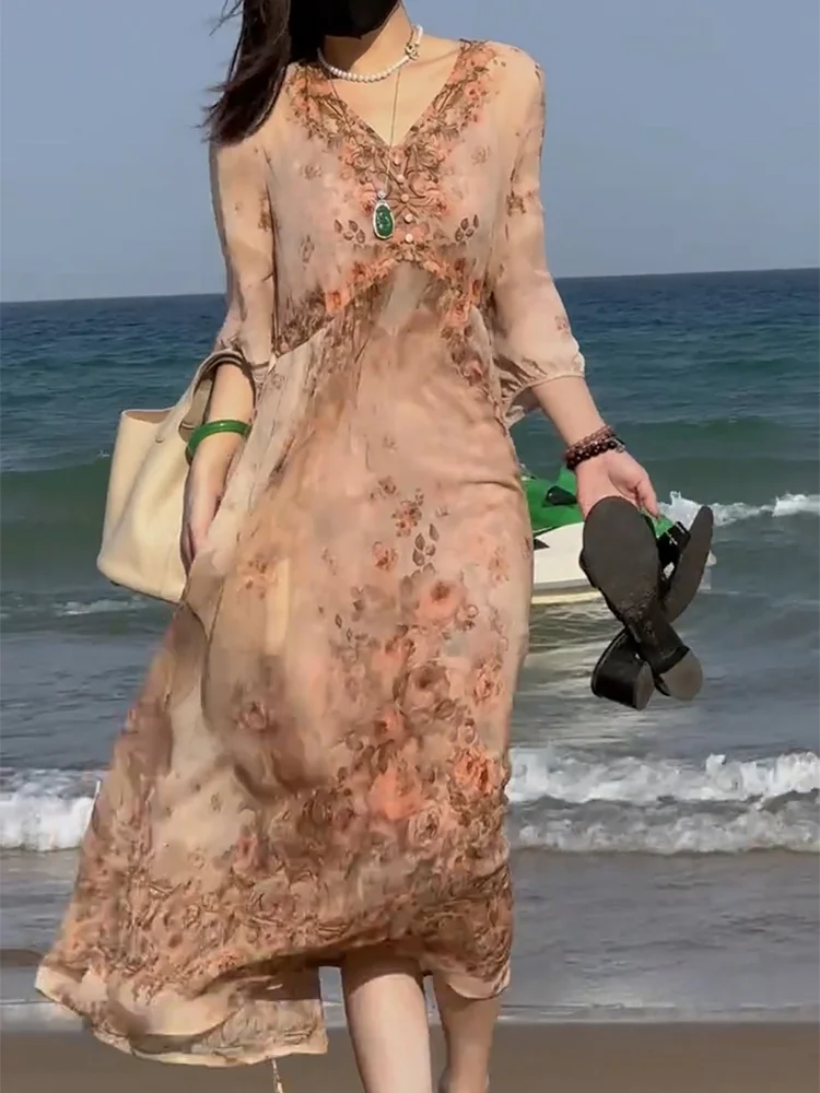 Sommer 2025, lässiges, florales, zweiteiliges Dr-Set für Damen, hohe Taille, A-Linien-Rock, V-Ne, lang, Sve Vaion Sle Dres