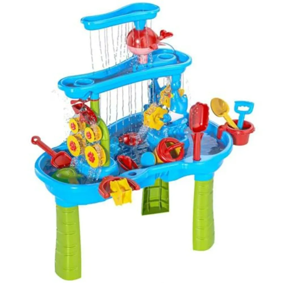 Sand Water Table for toddlers 2+, sensory play table with rain showers, plastic material, blue and yellow, UV-resistant and eas