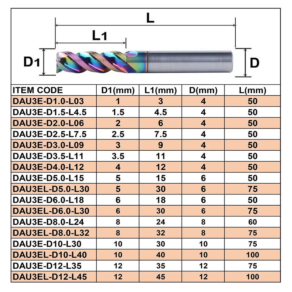 Dreanque-cnc u字型フライスカッター、3フルート、ソリッドタングステン、カーバイド合金、エンドミル、dlcコーティング、dol3e、1個、1〜12mm