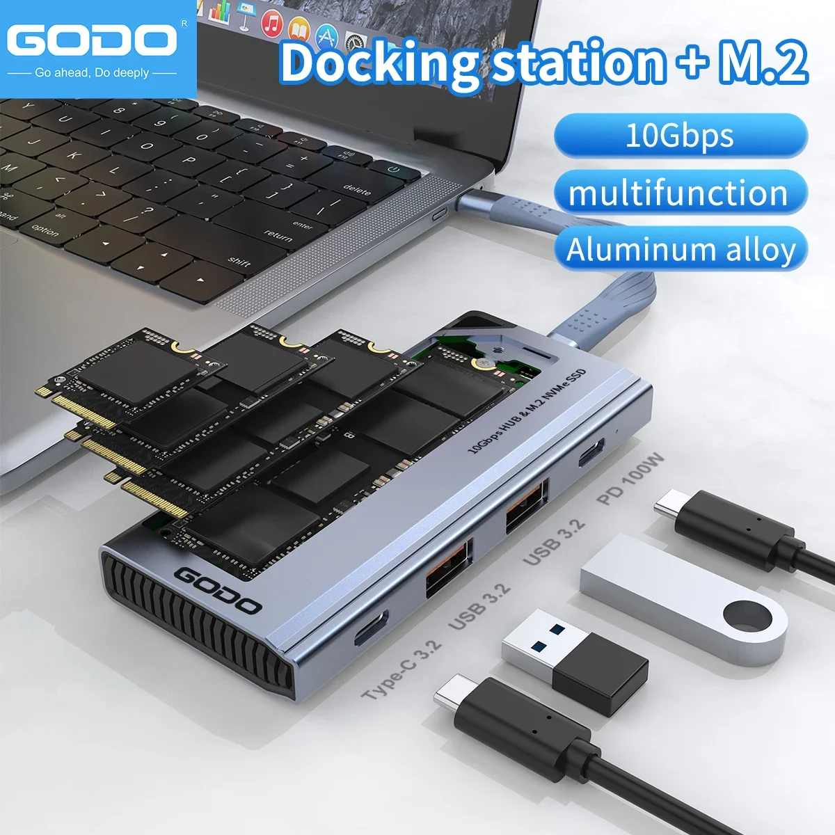 GODO 4-in-1 M.2 NVMe 10Gbps Hard Drive Enclosure Docking Station SSD Extender USB3.2 PD 100W Type-C 3.2 Suitable for Laptops