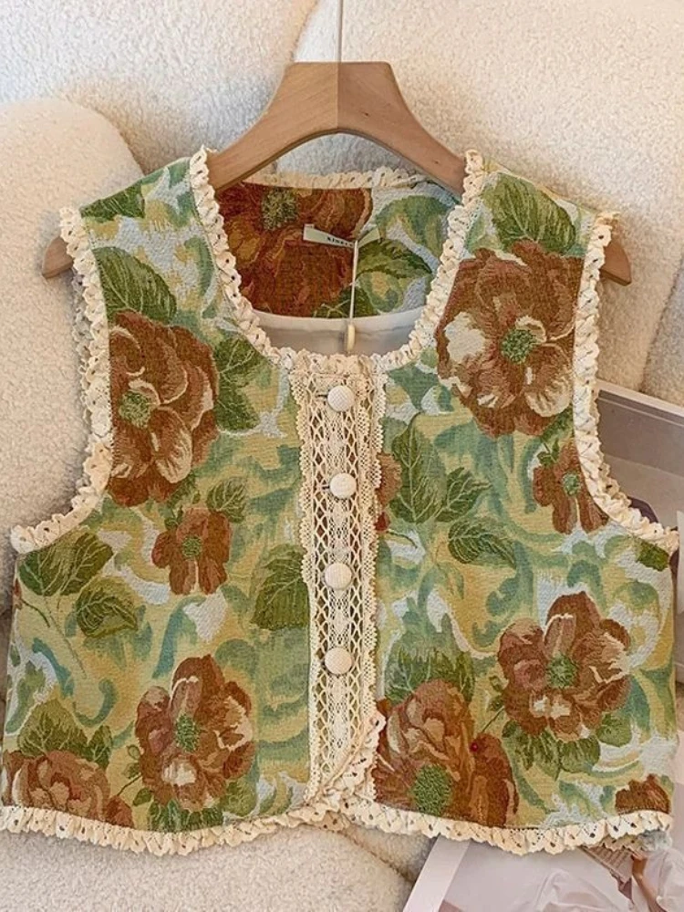 Women's Fresh Elegant Spring Vest Lace Trim Hand Stitched Floral Sleeveless Versatile Cropped Waistcoat Casual Outerwear Top
