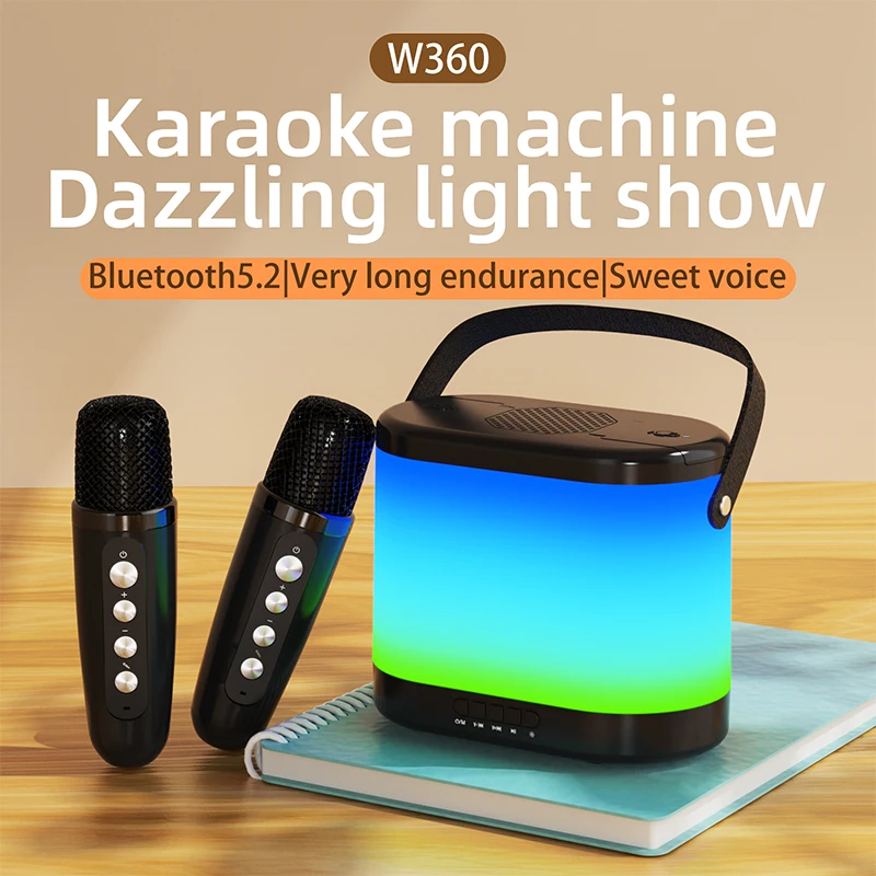 

Portable Wireless Dual Microphone Karaoke Machine Bluetooth Speakers KTV DSP System HI-FI Stereo Sound RGB Colorful LED Lights