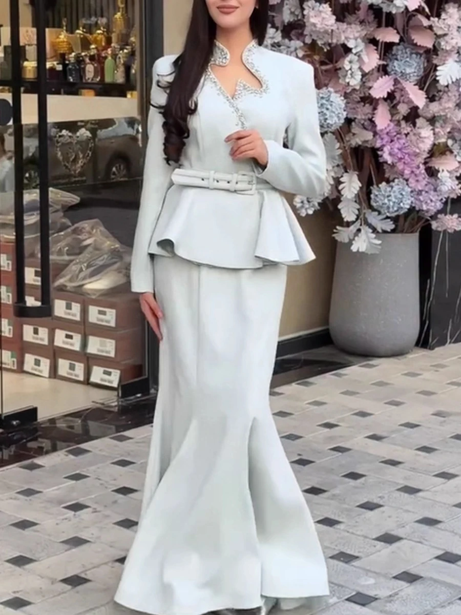 TWOTWINSTYLE Beaded Spliced Belted Slimming Two Piece Set for Women High Neck Long Sleeve Top High Waist Maxi Skirt Sets Female