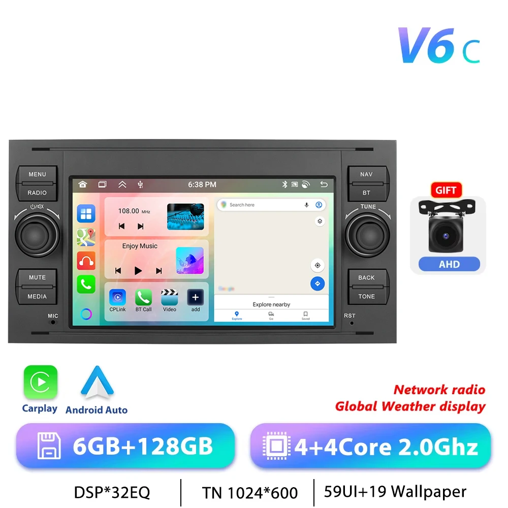 Podofo 7 "Autoradio Draadloze CarPlay Android Radio Voor Ford Focus/Mondeo/S-Max Transit/Kuga Connect Multimedia GPS RDS Autoradio