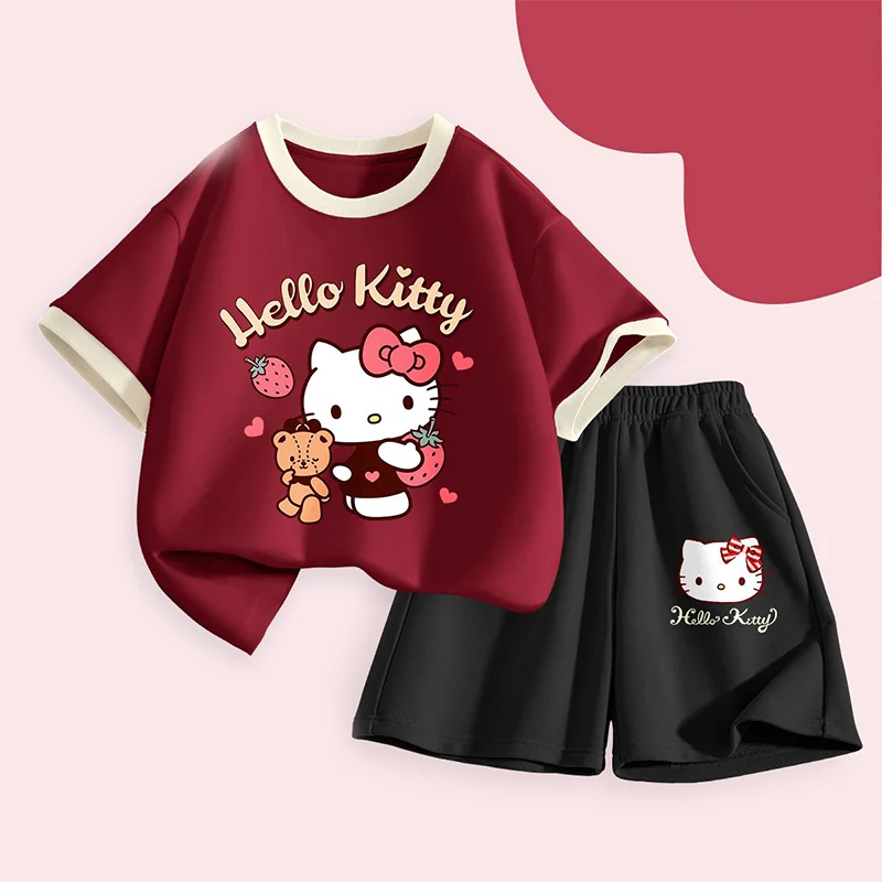 

Sanrio Hello Kitty Girl Summer Suit Children Kawaii Leisure Comfort Pure Cotton Short Sleeve Shorts Cartoon Anime New Clothing