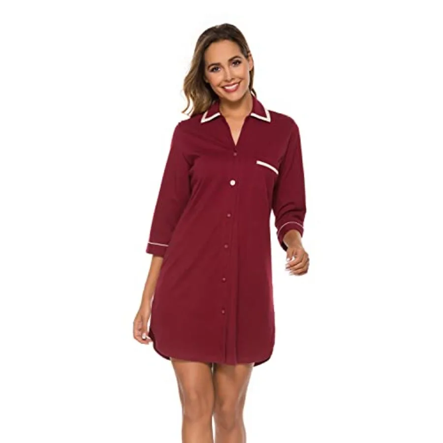 COLORFULLEAF 100% Cotton Nightgowns for Women 3/4 Sleeve Sleep Shirt Button Down Soft Sleepwear Night Dress S-XXL