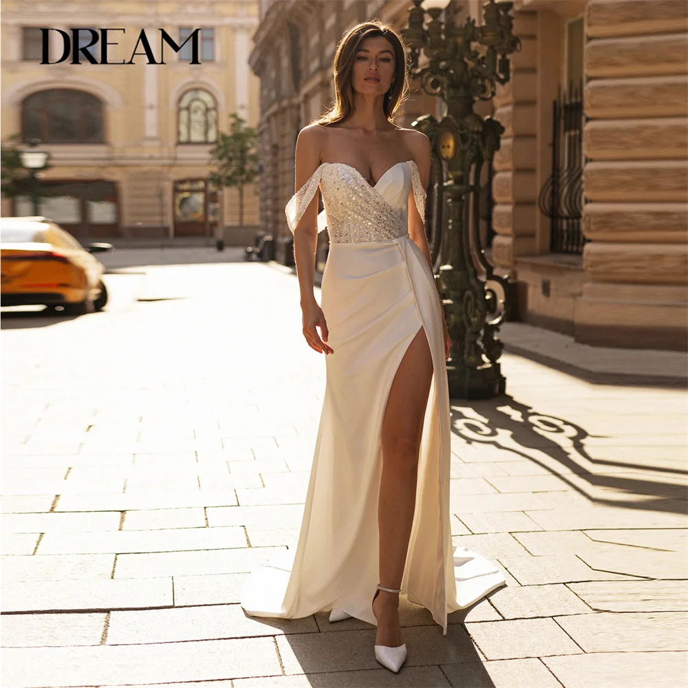 

DREAM Off The Shoulder Mermaid Wedding Dress Sequins Lace Sweetheart Slit Pleat Lace-up Bridal Gown Vestidos De Novia Customized