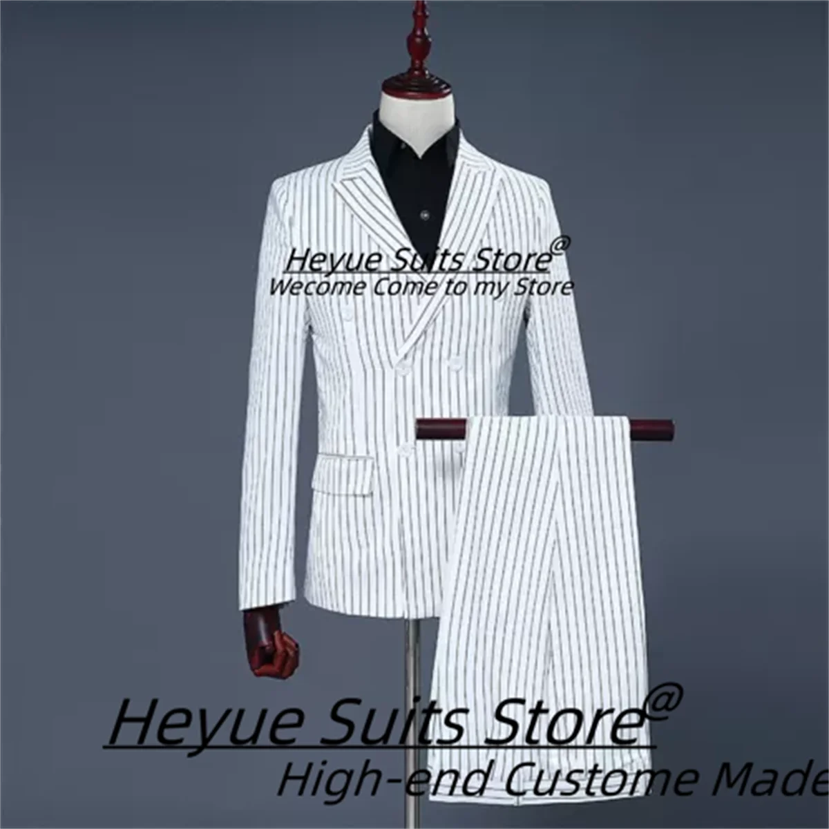 

Business White Stripe Men Suits Slim Fit Double Blazers Groom Formal Tuxedos 2 Pieces Sets Elegant Male Blazers Trajes De Hombre