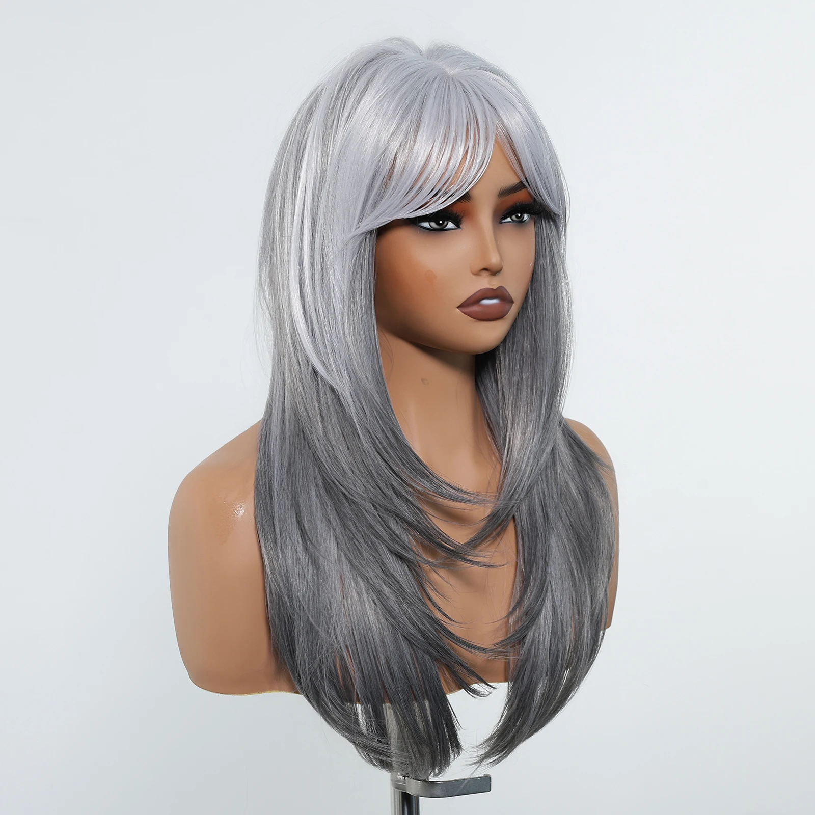 LOUIS FERRE Long Straight Synthetic Wig Grey White Ombre Wig For Women Heat Resistant Natural Layered Wig For Daily Cosplay Use