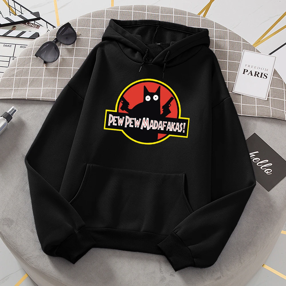 Pew Pew Madafakas Black Cat With Two Guns Tracksuit Women O-Neck Warm Hoodie Casual Daily Sweatshirts Fashion All Match Hooded