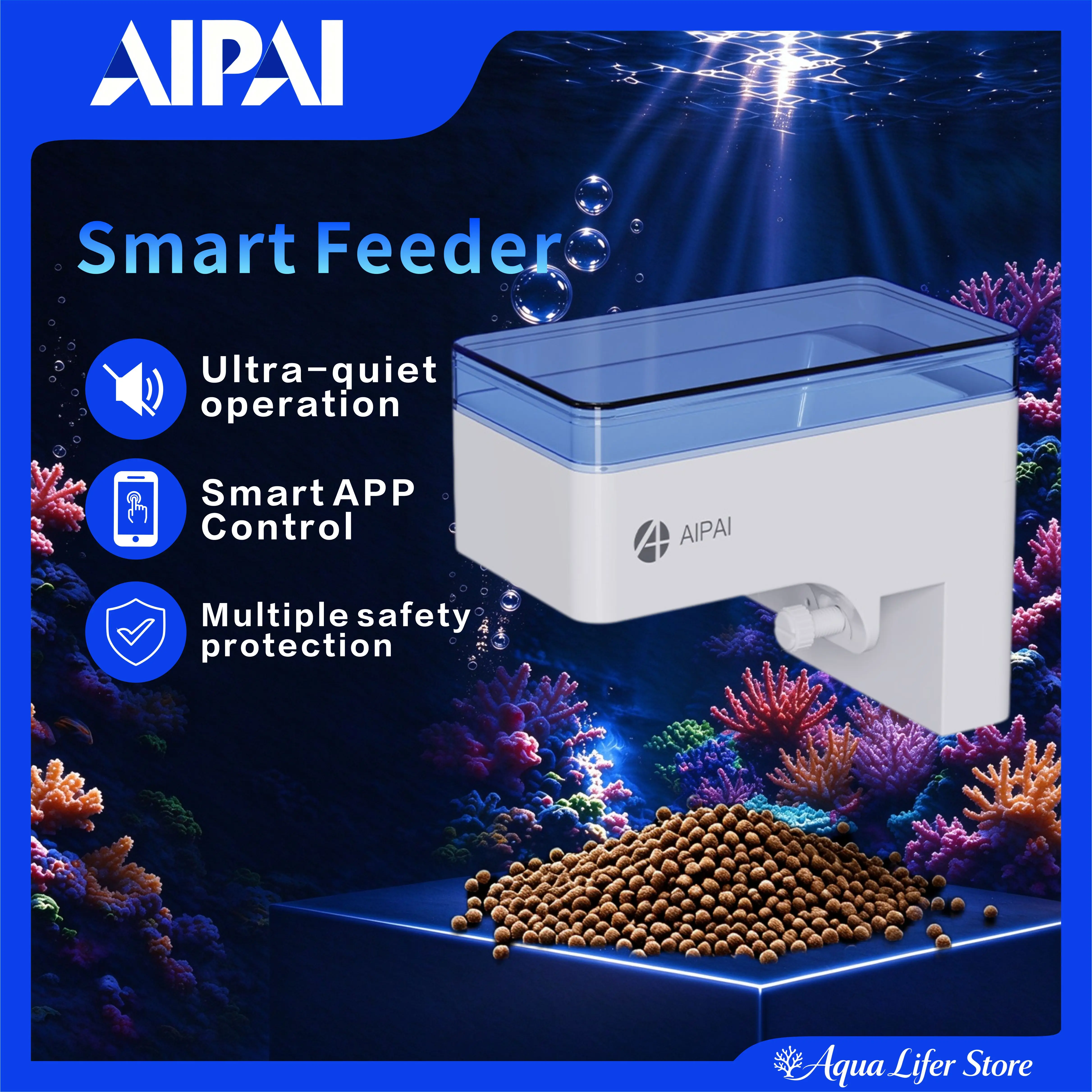 aipai-wi-fi対応スマート自動給餌器。アプリで遠隔操作し、時間設定で自動的に餌を供給。淡水・海水・サンゴ礁水槽に対応。