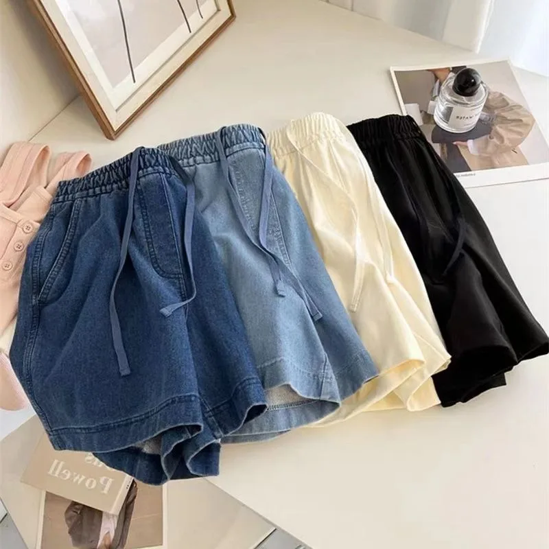 

Summer Washed Cotton Women Denim Shorts Drawstring Elastic High Waisted A-line Slim Loose Fit Sporty Casual Wide Leg Hot Pants