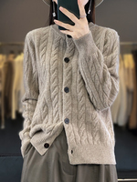 Women Preppy Style Cable Knitting Cardigan Autumn Winter Quality Sleeve Cashmere Sweater Thick  100% Merino Wool Knitted Tops