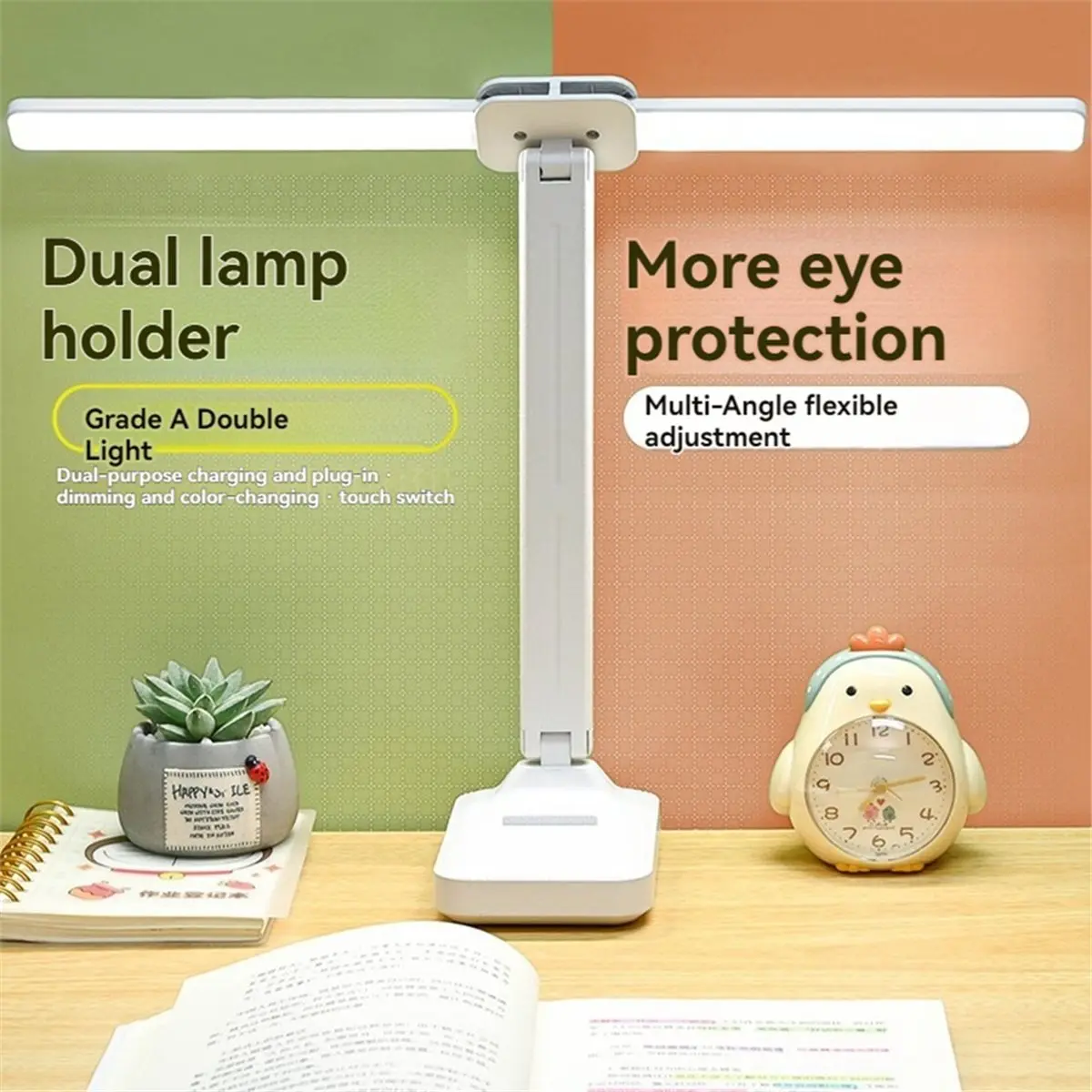 （2026 SUMMER）Dual Head LED Desk Lamp, Foldable Dimmable Reading Light with USB Rechargeable, Night Light for Bedroom, Dorm, Stud