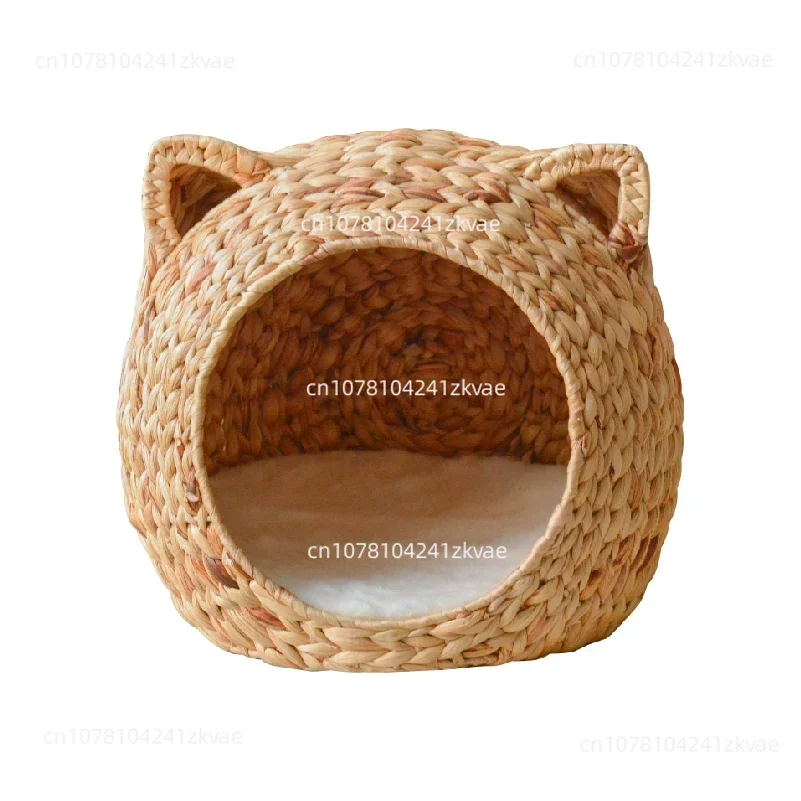 Hand Woven Cattail Cat Bed, Semi‑Enclosed Natural Cooling Pet House All Season Cat Villa