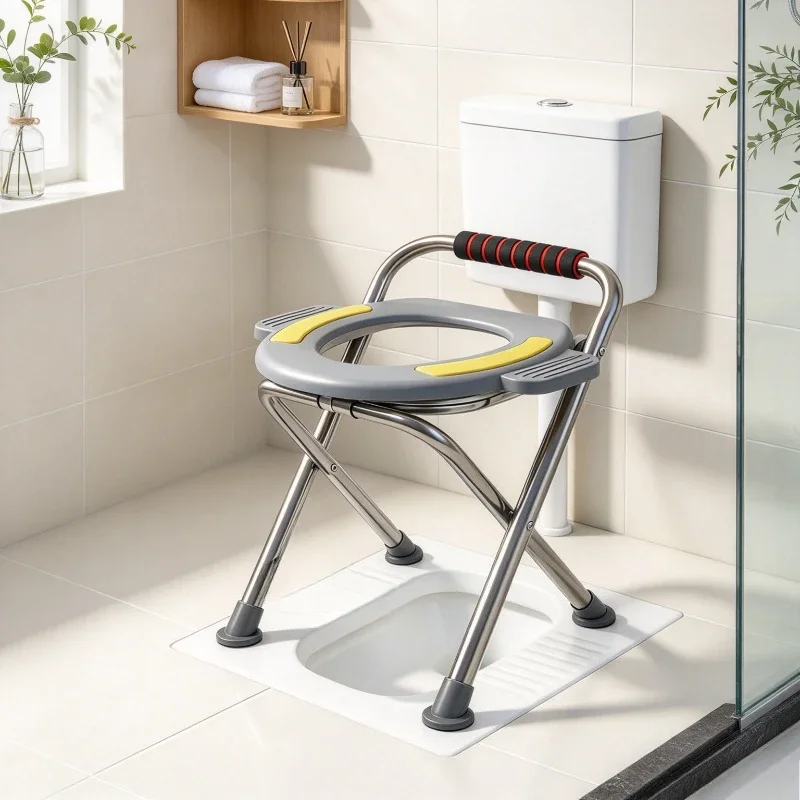 Stainless Steel Commode Chair Folding Toilet Stool with Armrests Rust Resistant Frame Easy Assembly Sturdy Support for Home Care