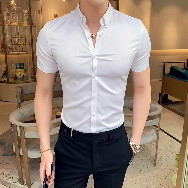 Neckline Embroidery Shirts Men Summer Short Sleeve Slim Fit Casual Shirt Men Solid Color Business Party Dress Shirt Streetwear