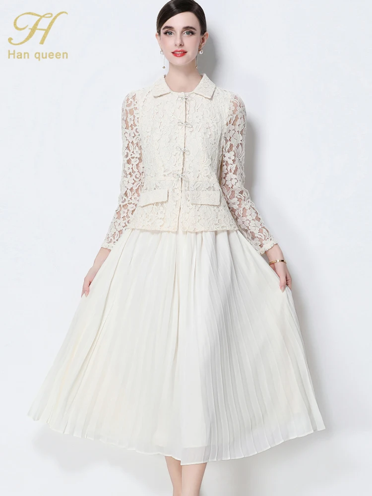 H Han Queen المرأة الخريف المدرج عطلة حفلة موسيقية فساتين النمط الفرنسي وهمية اثنين من الدانتيل المرقعة فساتين مطوي