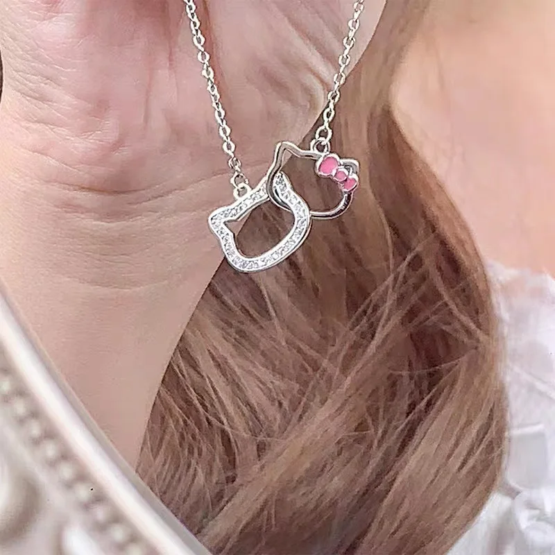 

Ожерелье с рисунком «Hello Kitty» для девочек, кулон ‌ s милый Sanrio Kt Cat двойное кольцо на пуговицах цепочки модные ювелирные аксессуары