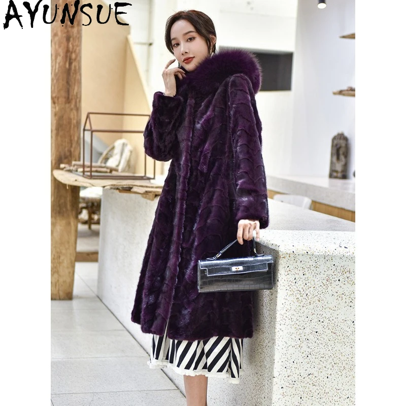 AYUNSUE معاطف فرو المنك امرأة 2025 معطف فرو طويل معاطف امرأة الشتاء الكورية ملابس عصرية للمرأة عالية الجودة Ropa Mujer