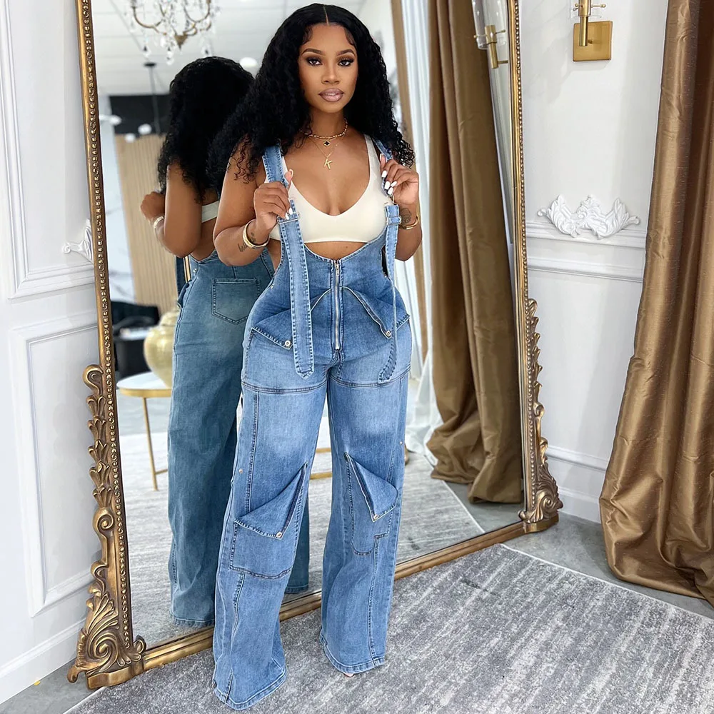 

Denim Overalls Women's Summer Street Casual Zipper Washed Jumpsuit European Beautiful Women