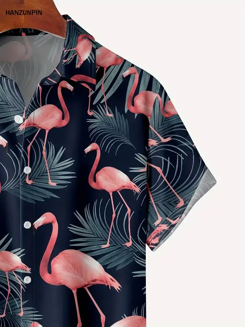 Flamingo Print Hawaiian Men\'s Shirt Ideal for Summer Vacations and Vacation Wear Men\'s Casual Short Sleeve Oversized Tops