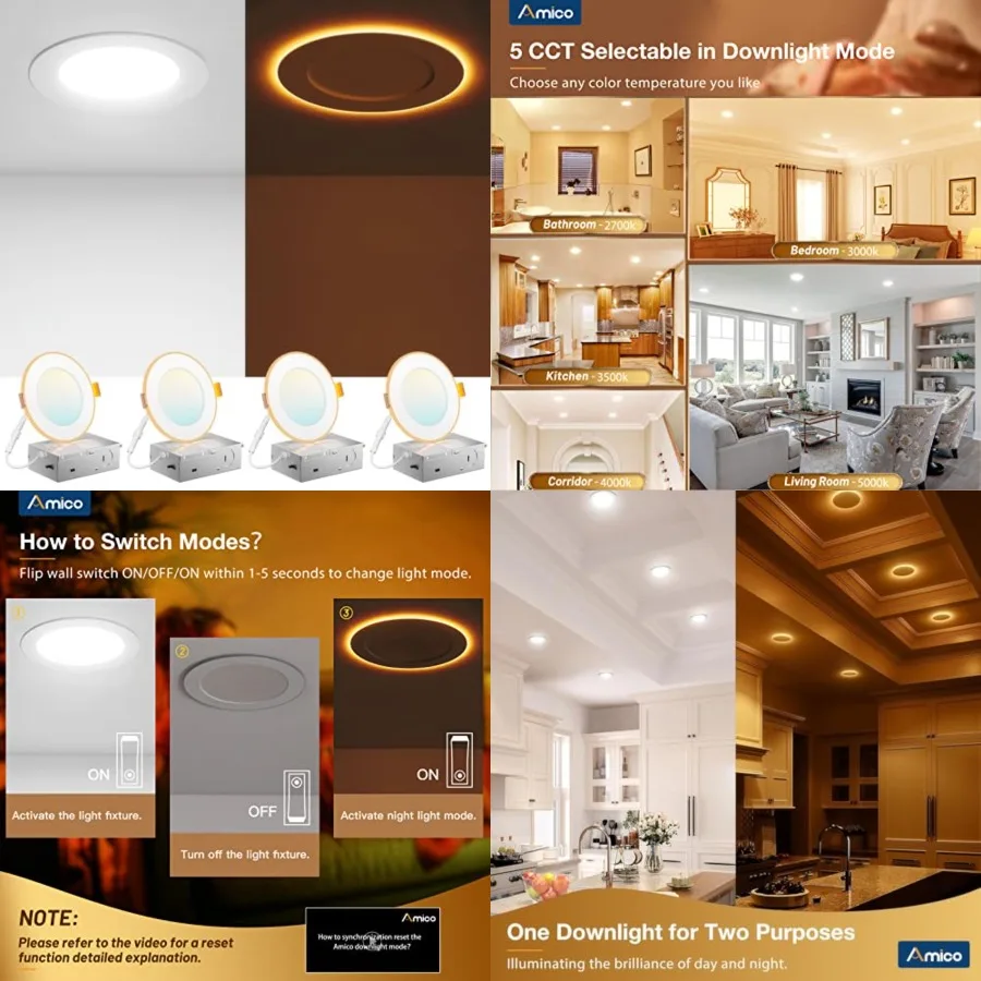 4 Pack 4 Inch 5CCT LED Recessed Ceiling Light with Night Light, 2700K/3000K/3500K/4000K/5000K Selectable Ultra-Thin Recessed Li