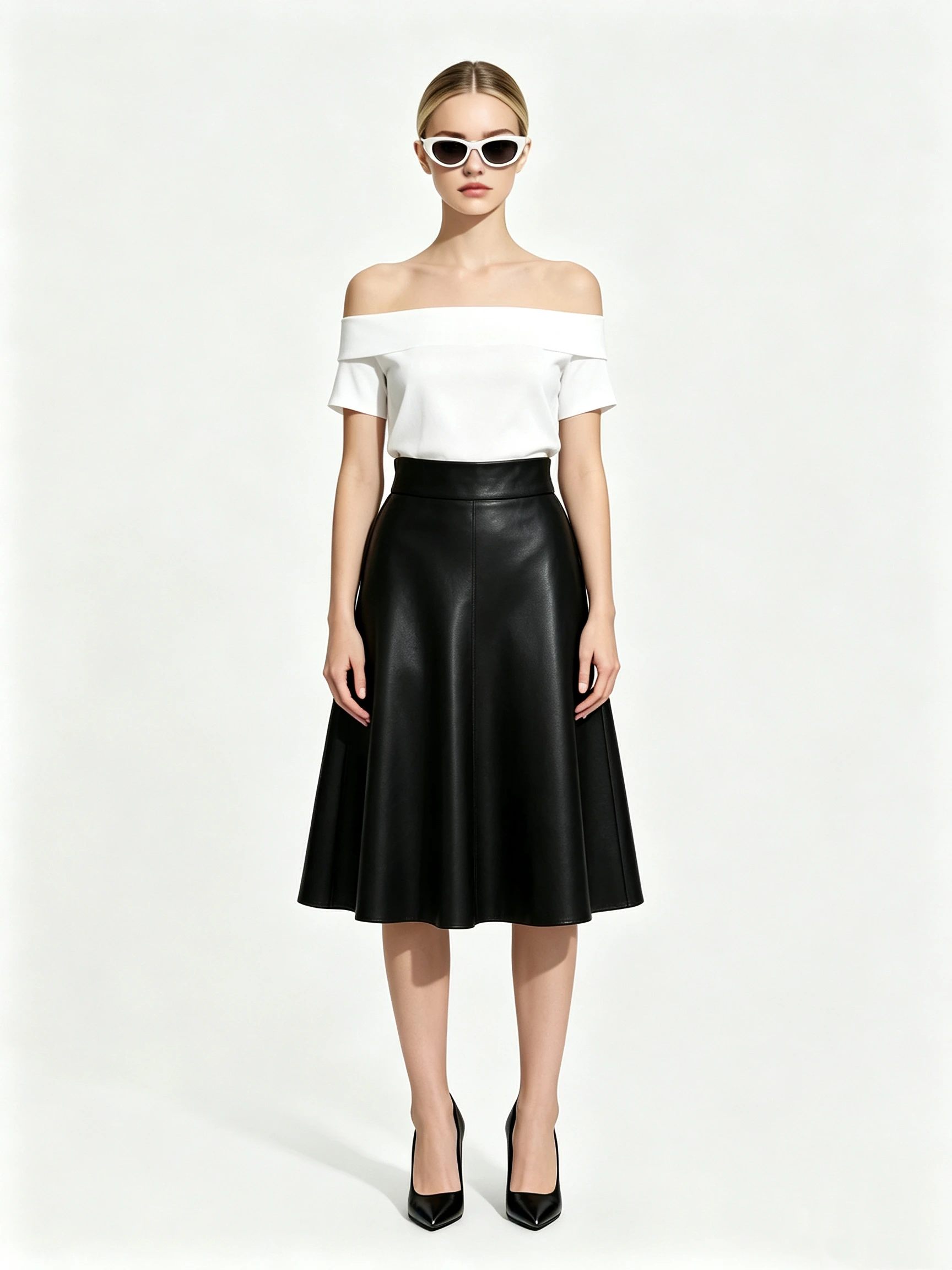 Women's Faux Leather High-Waisted A-Line Midi Skirt with Flared Hem and Zipper Closure