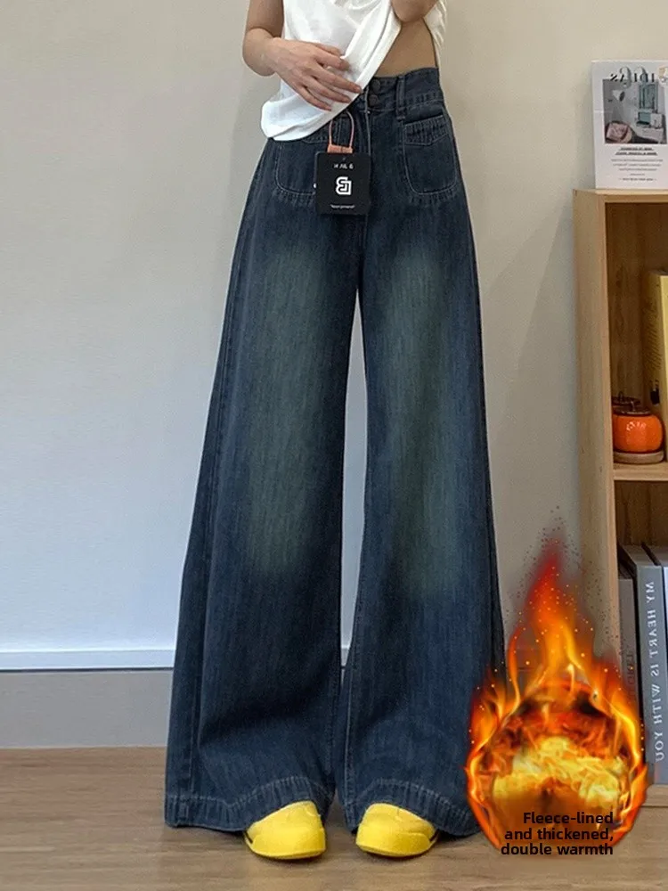 

Women's Fleece Lined Wide Leg Jeans Loose Fit High Waist Thickened Autumn Winter Pear Shaped plus Size Casual Style Jeans