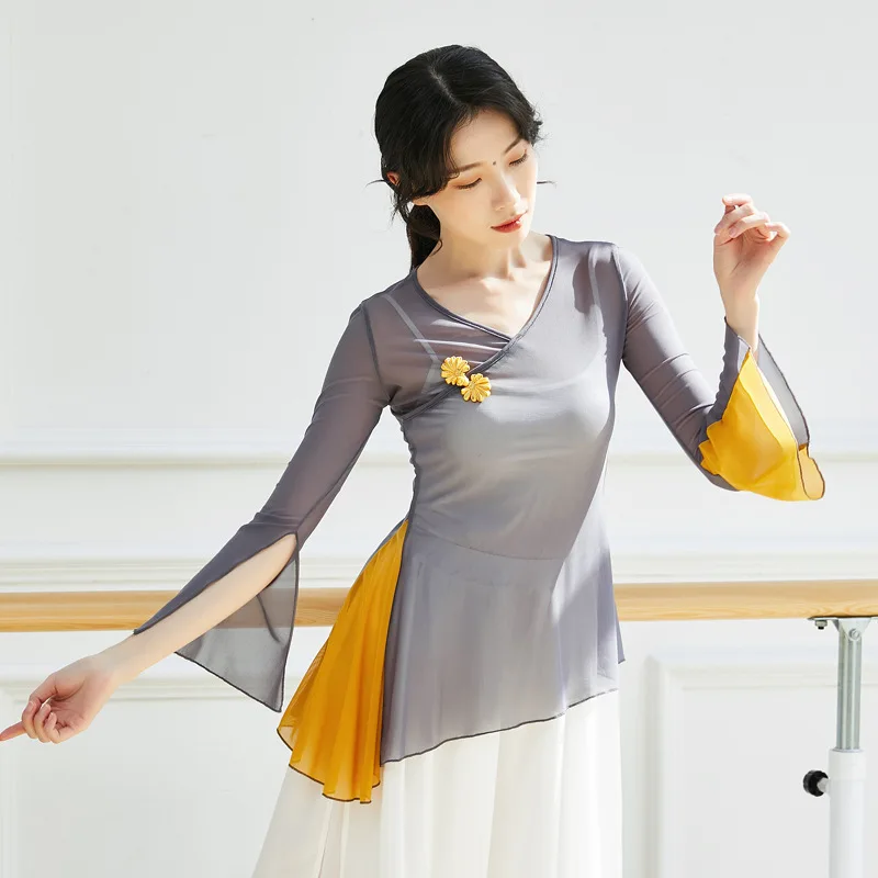 Classical Dance Top Women Flowy Slit Sleeve Colorblocked Gauze Rhyme Shirt Stage Performance Clothing Chinese Folk Dancewear Top