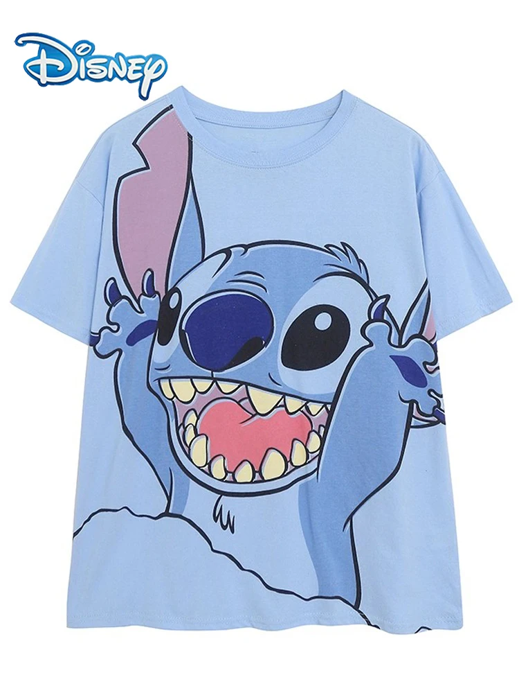 

Disney Stitch Little Monster Cartoon Print Blue T-Shirt Cute Women Short Sleeve O-Neck Pullover Loose Tee Tops Streetwear Female