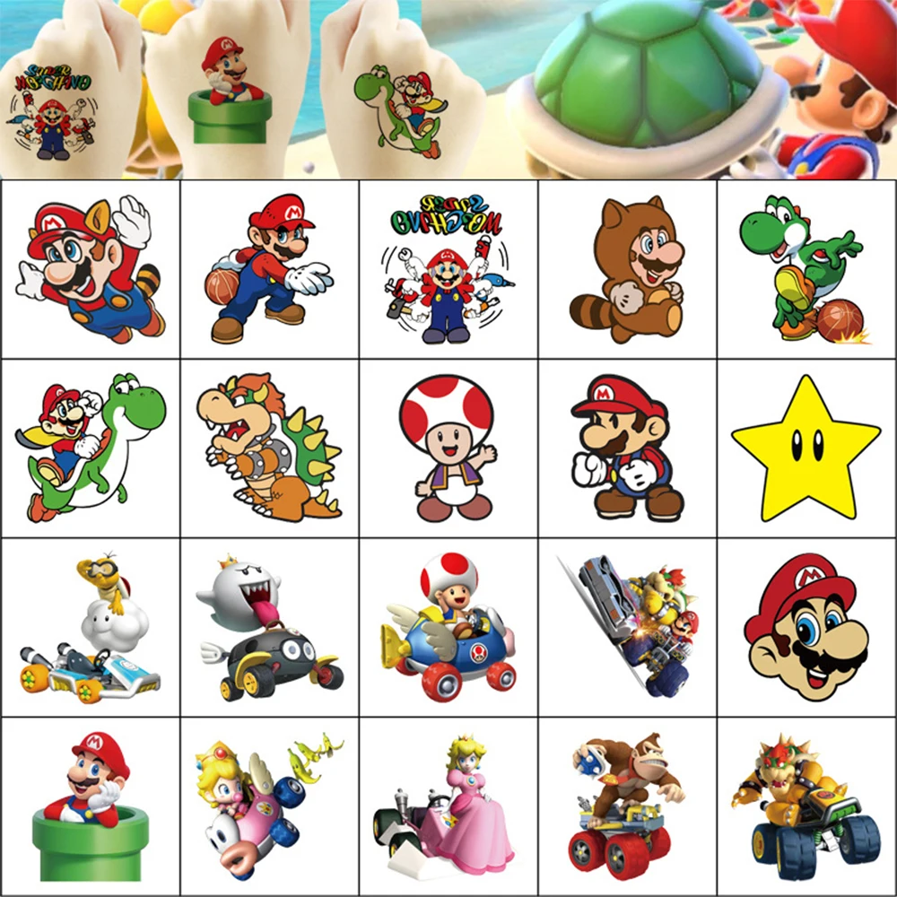 

20pcs Game Super Mario Bros Anime Tattoo Stickers Funny Mario Luigi Cartoon Temporary Tattoo Decals Kid Birthday Gift Reward Toy