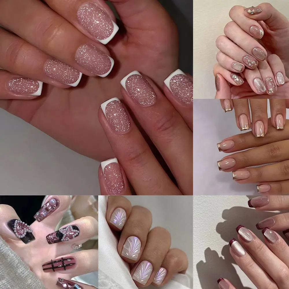 New Long Ballerina and Square False Nails Black Love Heart French Fake Nails Full Cover Cat Eye Nail Tips DIY