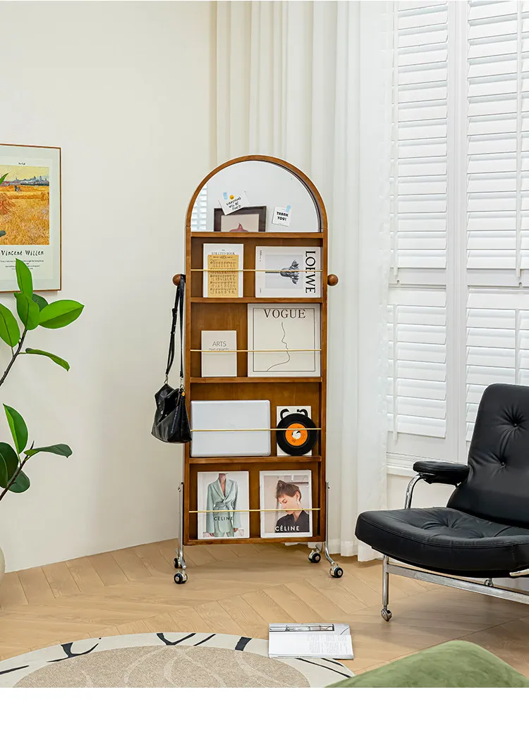 Household full-body mirror Solid wood mirror Floor-to-ceiling full-length mirror Removable magazine rack