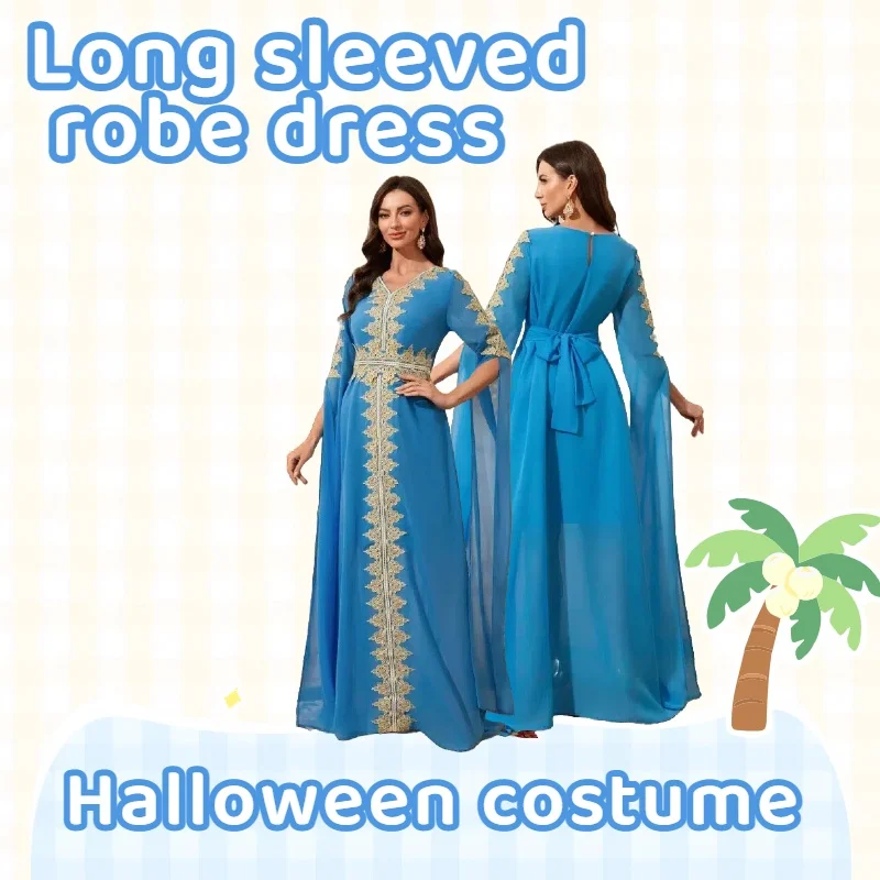 

Middle Eastern Dubai Women's Robe Dress Color Block Extra Long Sleeve Formal Gown for Weddings Banquets Formal Ceremonies