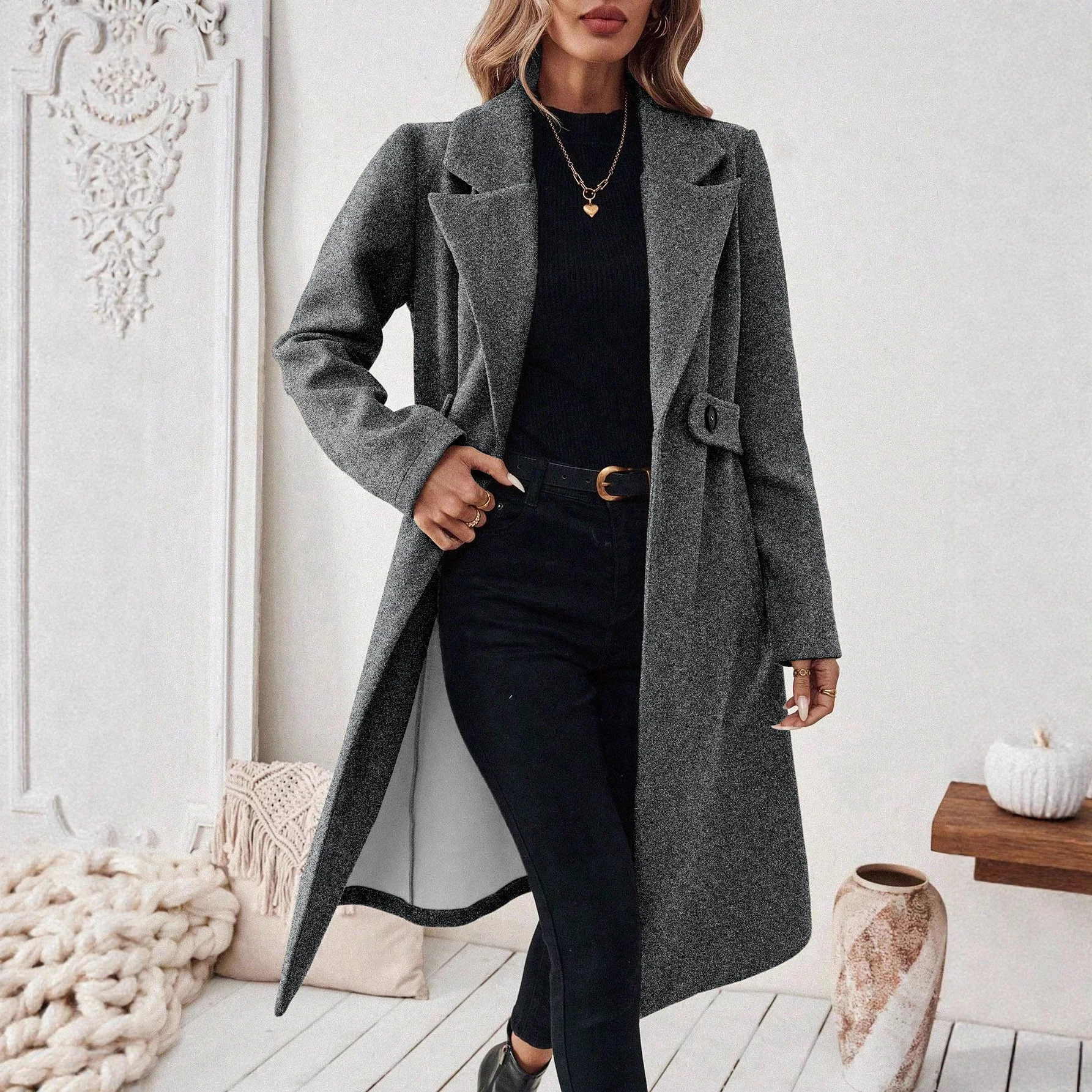 Women Blend Spliced Solid Long Cardigan Skinny Pockets Turn Down Collar Jackets Wool Button Slim Fit Jacket Casual Lady Autumn