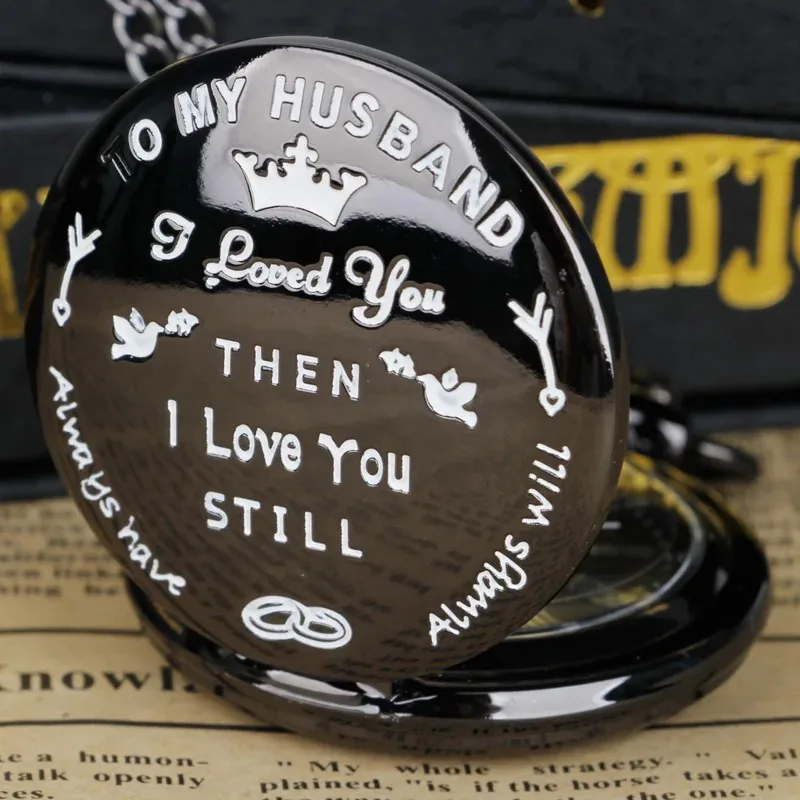 ساعة جيب كوارتز سوداء Steampunk "إلى زوجي" ساعة رجالية تذكارية أفضل الهدايا للرجال زوج قلادة على مدار الساعة