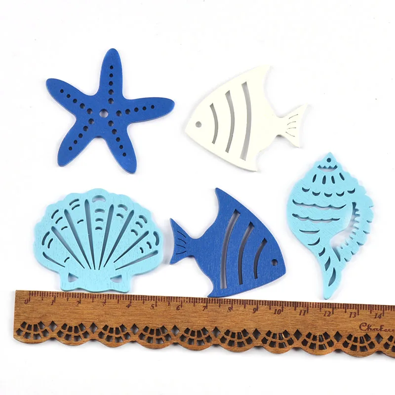 10/25pcs 3-6cm Mixed Blue White Fish/Seashells/Starfish Wood Slices DIY Scrapbook Crafts Wooden Hanging Ornaments Home Decor