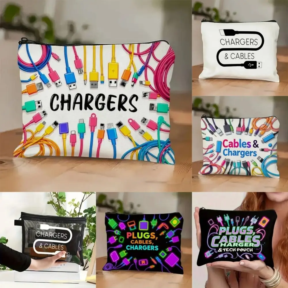 New Canvas Charger Storage Pouch Print Design Large Capacity Cable Organizer Bag Zipper Closure Electronics Bag for Office Desk