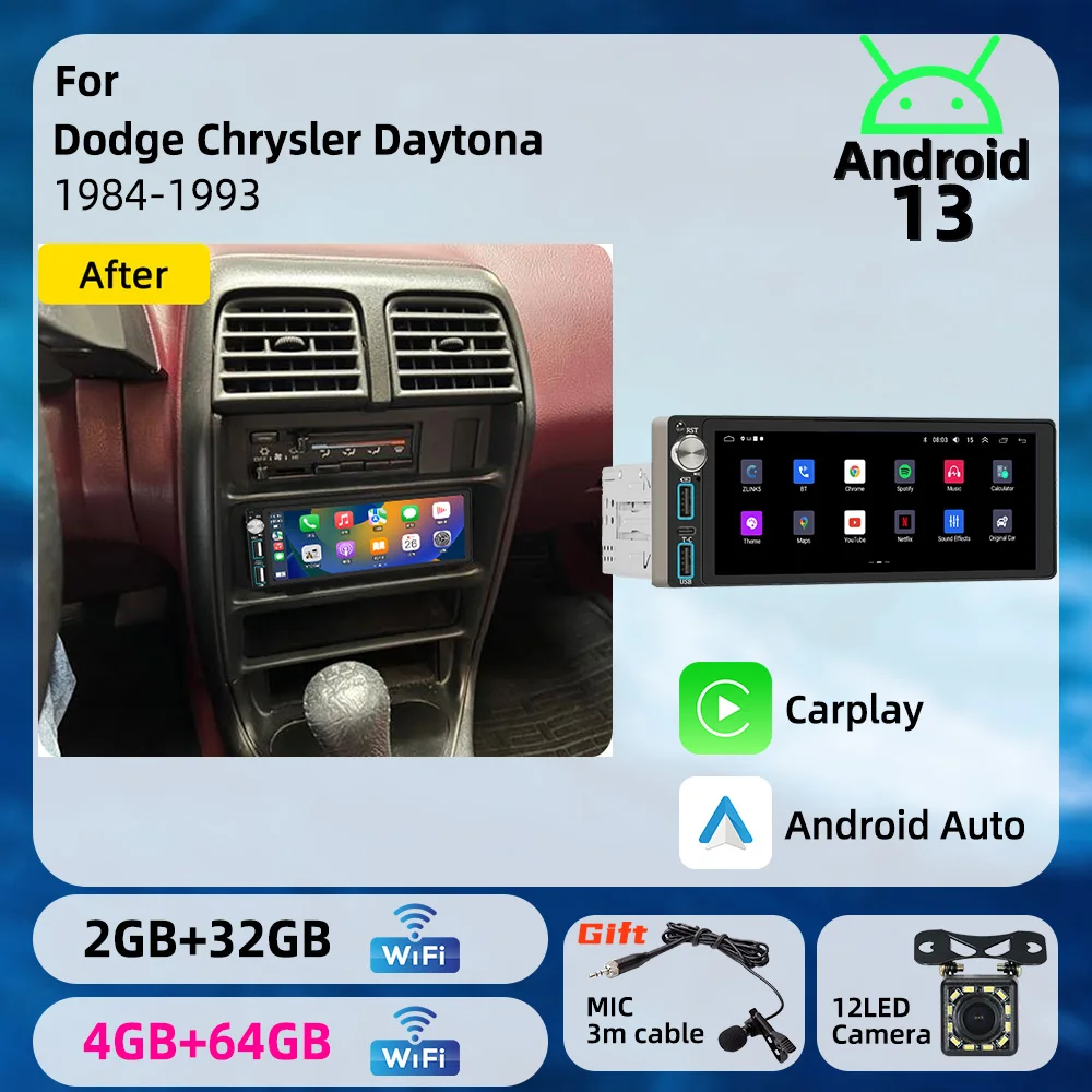 Sistema Multimedia para Automóvil para Dodge Chrysler Daytona 1984-1993, Pantalla de 6.86 Pulgadas, Carplay, Unidad Principal 1 DIN, Radio Android para Automóvil, Autoradio, GPS, Pantalla, Estéreo