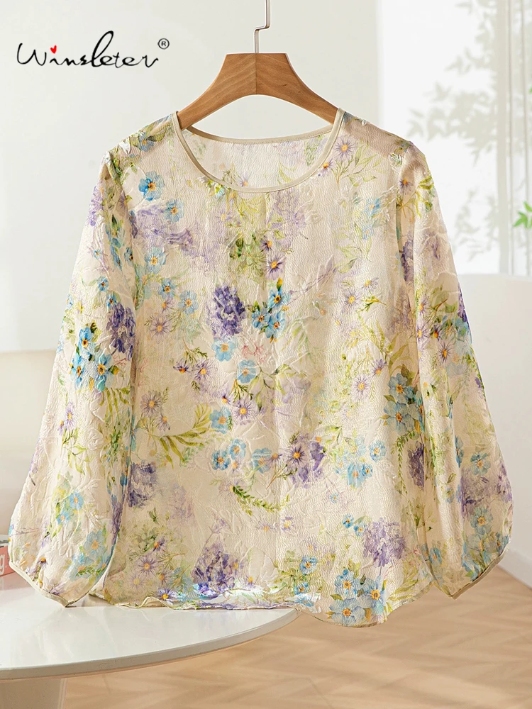 

Winsleter- Women 62.6% Silk Elegant Velvet Shirt, Lantern Sleeve O Neck Floral, Retro Chic Loose Blouse, 2025 Autumn T59506CC