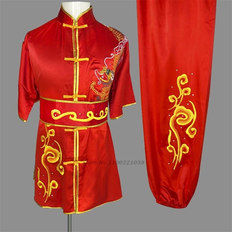 

2024 traditional chinese kung fu tai chi costume dragon embroidery satin wushu uniform kung fu shaolin training exercise set