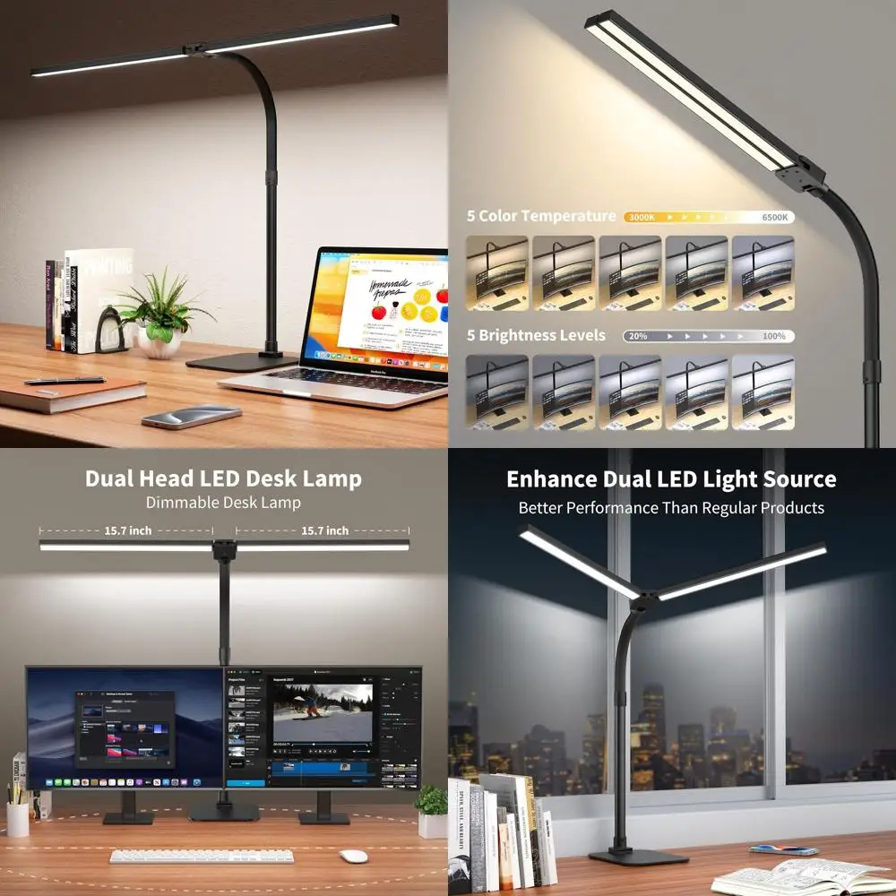

Modern Dual-Head Adjustable Gooseneck Desk Lamp with 5 Color Modes, Dimmable, Remote Control, 1500lm 24W for Home Office