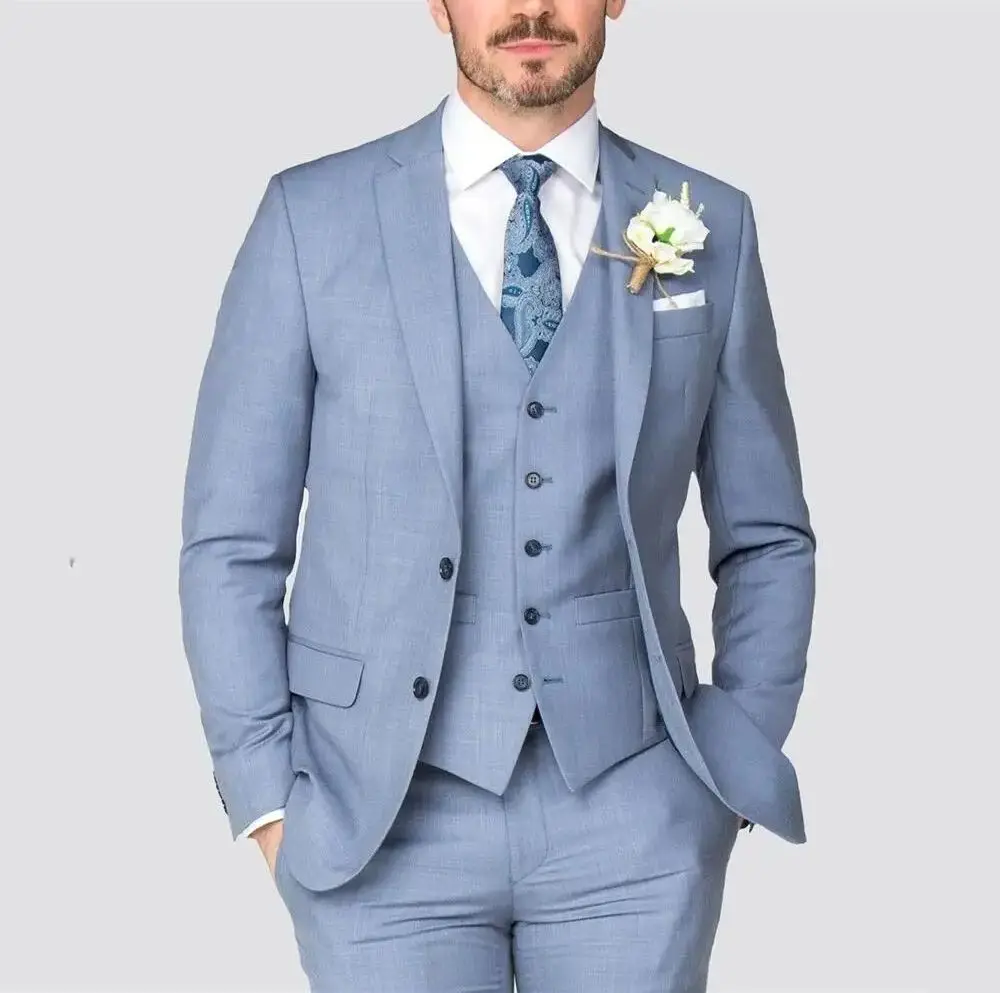 Classic Light Blue Men Suit Formal Business Blazer Party Wedding Groom Slim Fit 3 Pieces Set Jacket Pants Vest Costume Homme