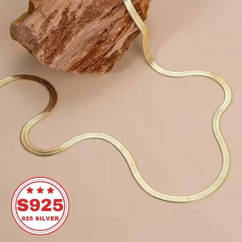 24K gold-plated flat snake chain necklace, 925 silver material, classic snake chain necklace, 4mm wide, fashionable and versatile, never fades, suitable for both men and women, Christmas holiday anniversary gift