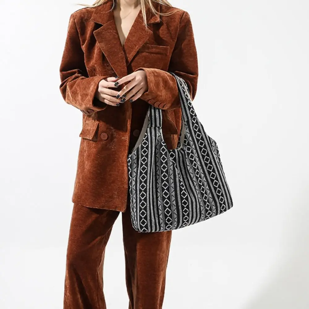 

Portable Large Capacity Ethnic Style Handbag Messenger Bag Stripe Bohemian Tote Bag Geometric Canvas Retro Shoulder Bag Travel